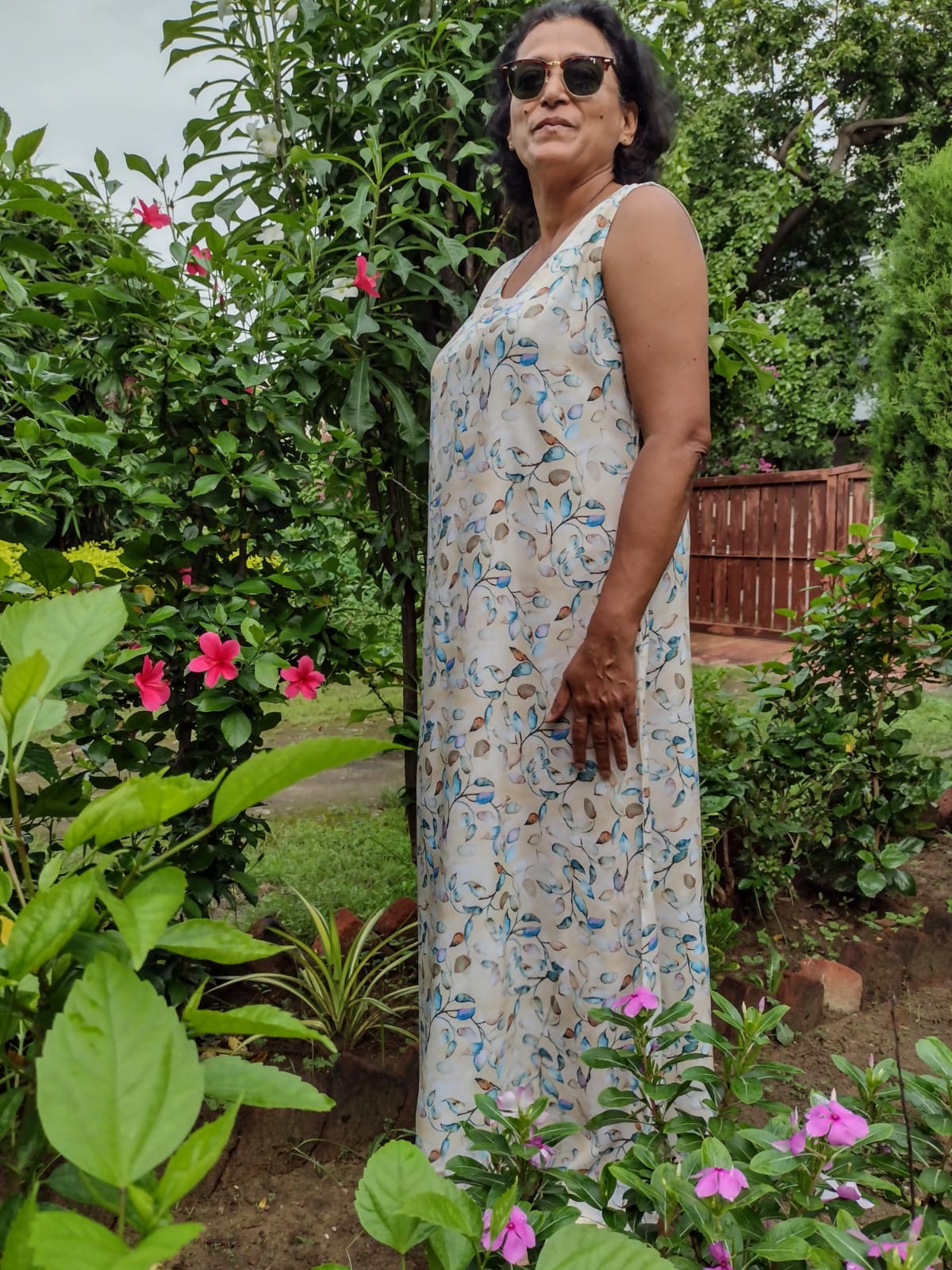 Beige Foliage Sleeveless Gown